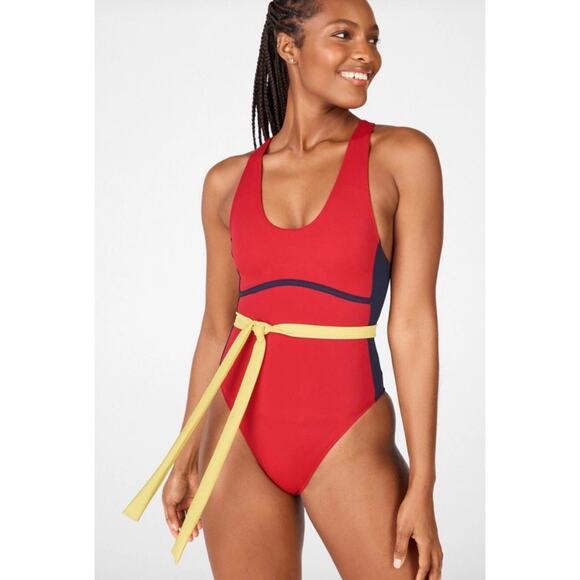 Fabletics Womens Swimsuit Small Blue Red Yellow Gabriella Color block Strap Tie - Picture 2 of 10